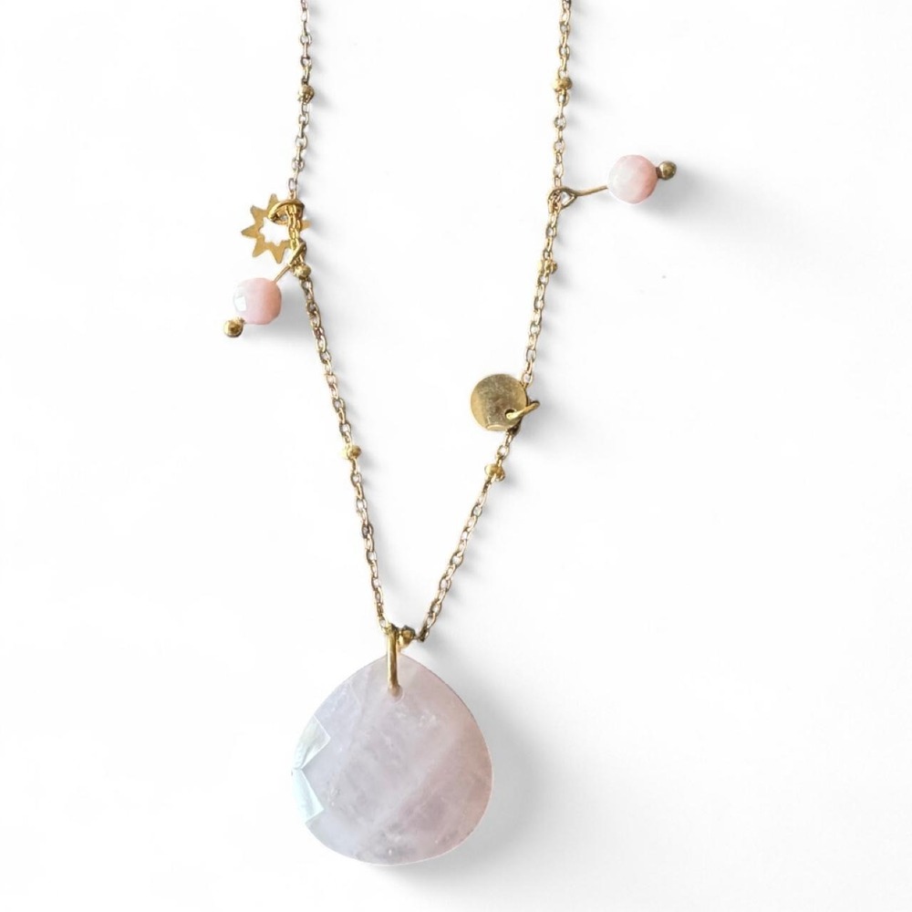 Ocean Ripples gold & pink rose quartz necklace with star and moon charms